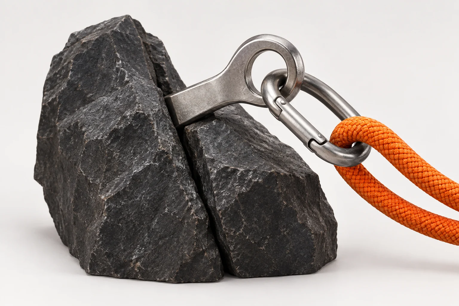 Studio render of a steel piton anchored in charcoal rock, with a carabiner and orange rope