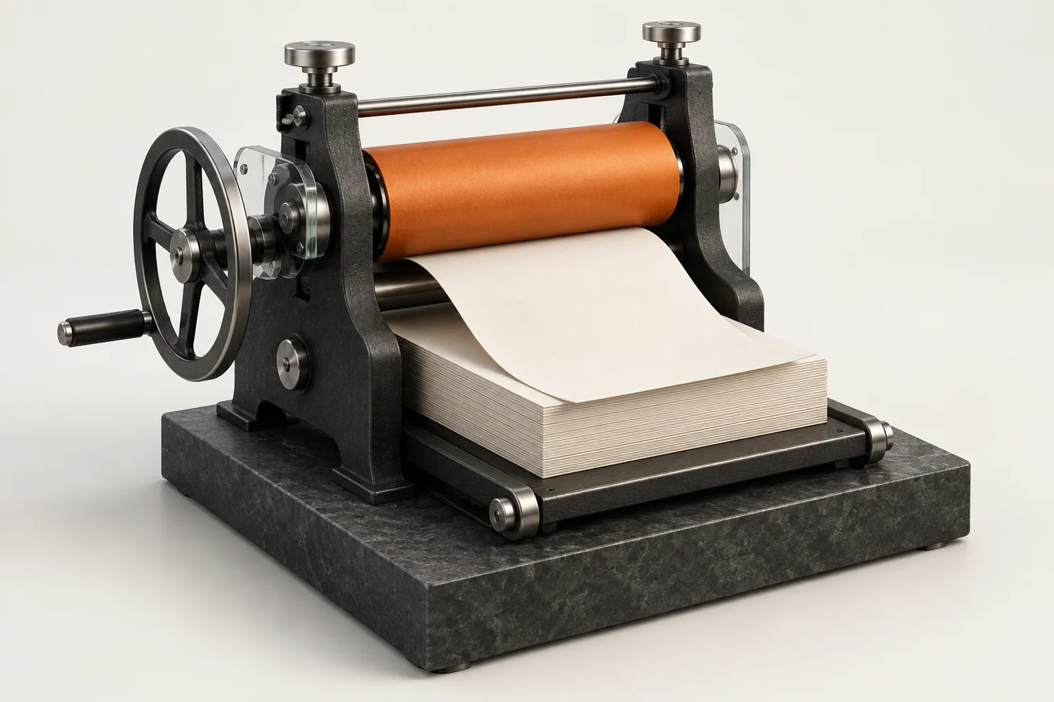 Studio render of a compact charcoal printing press with an orange roller and blank ivory paper